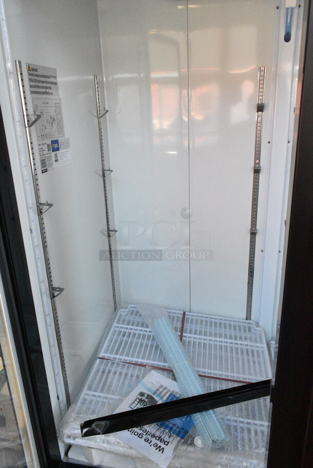 BRAND NEW SCRATCH AND DENT! 2024 Avantco 178GDC49HCB 53" Black Customizable Swing Glass Door Merchandiser Refrigerator with LED Lighting. See Pictures for Broken Glass on Door. 115 Volts, 1 Phase. Tested and Working! - Image 7 of 9