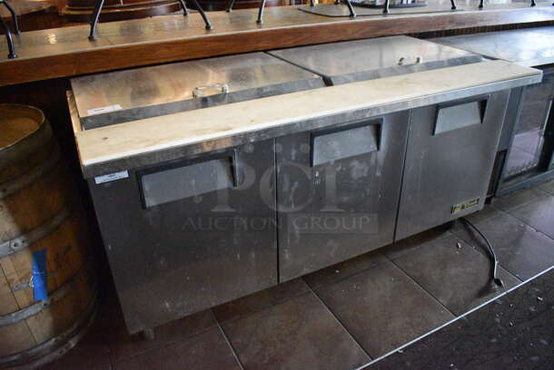 2011 True TSSU-72-30M-B-ST Stainless Steel Commercial Pizza Prep Table on Commercial Casters. BUYER MUST REMOVE. 115 Volts, 1 Phase. 72x34x38. Item Was in Working Condition on Last Day of Business. (Susquehanna Ale House)