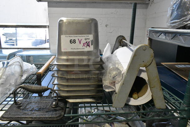 ALL ONE MONEY! Lot of 11 Various Items Including 6 Stainless Steel Drop In Bins, Butcher Paper Roll w Holder, 2 Grill Press. - Image 1 of 10