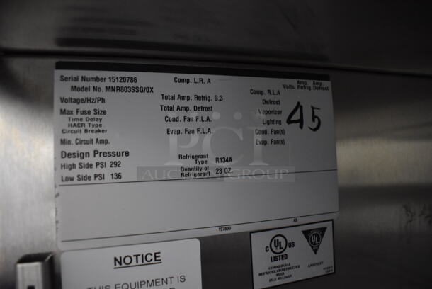 Master-Bilt Endura MNR803SSG/0X Stainless Steel Commercial 3 Door Reach In Cooler Merchandiser w/ Poly Coated Racks on Commercial Casters. 115 Volts, 1 Phase. 82.5x34x82. Tested and Working! - Image 3 of 7