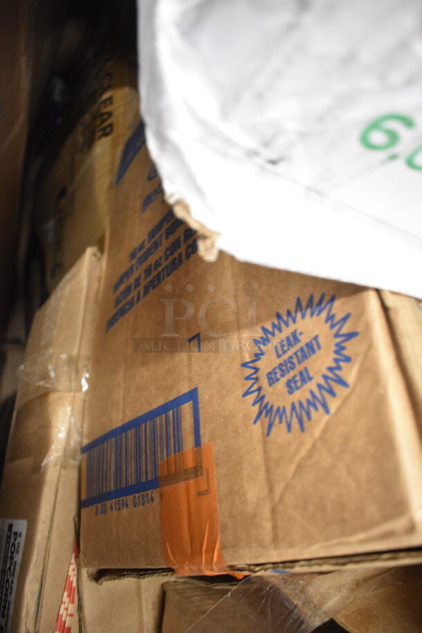 PALLET LOT of 28 BRAND NEW Boxes Including 500TW16S Choice 16 oz. Translucent Thin Wall Squat Plastic Cold Cup - 1000/Case, 5001N6001KR EcoChoice 10" x 12" Natural Kraft 1/4 Fold Luncheon Napkin - 6000/Case, 433473 Tellus Clamshells, 500MFTN Lavex Natural Brown Kraft M-Fold (Multifold) Towel - 4000/Case, 3234X2SHT10M Lavex 4" x 2" Blank Paper Permanent Label Sheet - 2500/Pack, Popcorn Bags, 999RP10 TreeVive by EcoChoice 10" Round Palm Leaf Plate - 25/Pack, 50012PLAGRNK EcoChoice 12 oz. Kraft Compostable Paper Hot Cup - 1000/Case, TShirt Bags. 28 Times Your Bid! - Image 9 of 12
