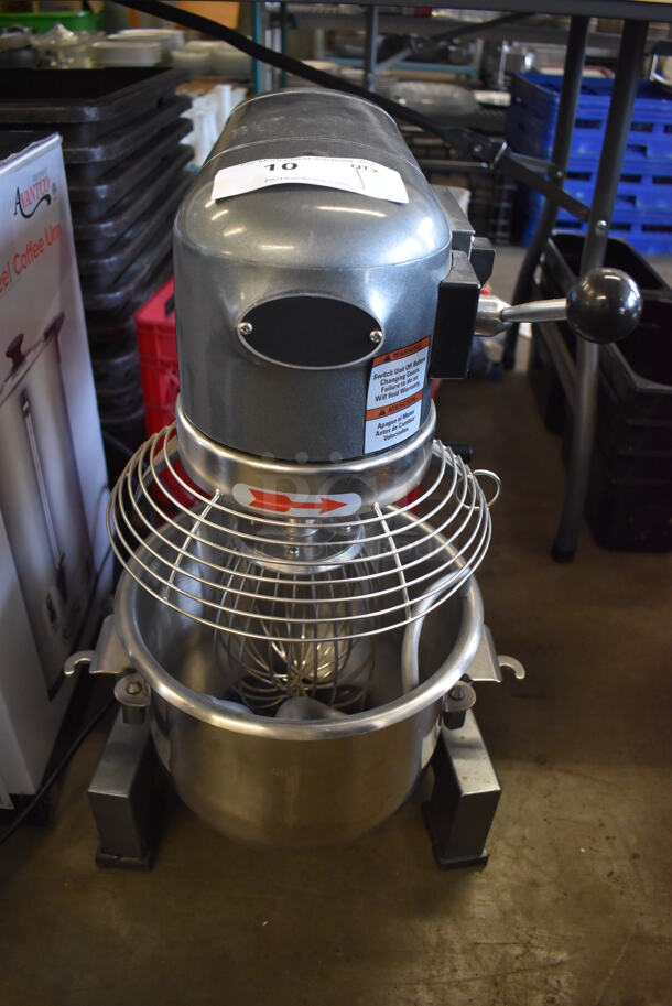 Avantco MX10 Metal Commercial 10 Quart Planetary Dough Mixer w/ Stainless Steel Mixing Bowl, Bowl Guard, Paddle, Balloon Whisk and Dough Hook Attachments. 120 Volts, 1 Phase. 17x19x25. Cannot Test - Bowl Lift Does Not Move