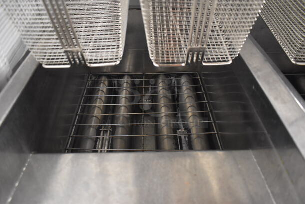 2011 Dean SCFSM350GNS Stainless Steel Commercial Floor Style Natural Gas Powered 3 Bay Deep Fat Fryer w/ 6 Metal Fry Baskets and Filtration System on Commercial Casters. 105,600 BTU. 47x30x51 - Image 2 of 11