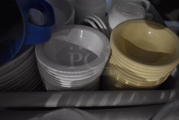ALL ONE MONEY! Lot of 2 Gray Poly Bus Bins w/ Various Poly Pitchers, Bowls, Mugs and Plates - Image 4 of 5