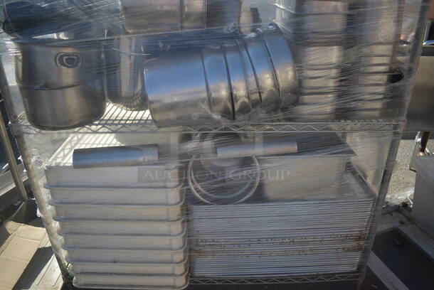 ALL ONE MONEY! Lot of Items Including Open Utility Shelf With Metro Style Shelving On Galvanized Legs, Steel Bins In Variety of Sizes, Steel Pots, Baking Trays, Baking Sheets, AND MORE!  BUYER MUST DISMANTLE. PCI CANNOT DISMANTLE FOR SHIPPING. PLEASE CONSIDER FREIGHT CHARGES. - Image 3 of 5