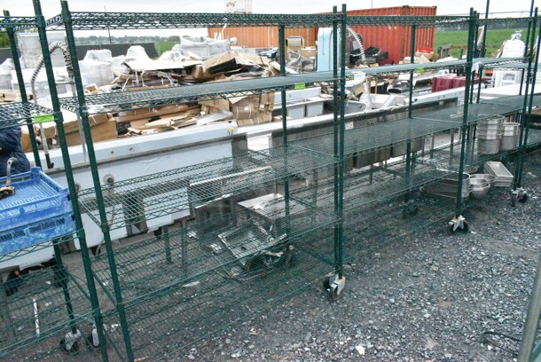 2 Green Finish 5 Tier Wire Shelving Unit on Commercial Casters. BUYER MUST DISMANTLE. PCI CANNOT DISMANTLE FOR SHIPPING. PLEASE CONSIDER FREIGHT CHARGES. 2 Times Your Bid! - Image 1 of 4