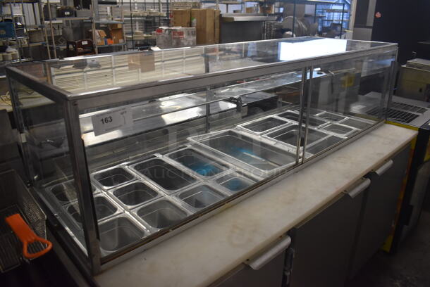 Leader Stainless Steel Commercial Prep Table w/ Glass Sneeze Guard, Various Drop In Bins on Commercial Casters. 115 Volts, 1 Phase. 72x33x55. Tested and Does Not Power On - Image 2 of 9