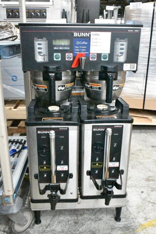 2016 Bunn DUAL SH DBC Stainless Steel Commercial Dual Coffee Machine w/ Hot Water Dispenser, 2 Satellite Servers and 2 Metal Brew Baskets. 120/208-240 Volts, 1 Phase.