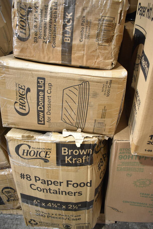 PALLET LOT of 19 BRAND NEW Boxes Including 128HD32COMBO ChoiceHD 32 oz. Microwavable Translucent Plastic Deli Container and Lid Combo Pack - 240/Case, X8 Dart Trophy Plus Cups, 2 Box 5008W Choice 8 oz. Tall White Poly Paper Hot Cup - 1000/Case, 795PTOKFT8 Microwavable Folded Paper #8 Take-Out Container 6" x 4 5/8" x 2 1/2", 760PICLWDOME Choice 5-12 oz. Clear Plastic Low Dome Lid, No Hole - 1000/Case, 129MCS242CB Choice 30 oz. Black 8 3/4" x 6" x 2 3/4" 2-Compartment Rectangular Microwavable Heavy Weight Container with Lid - 150/Case, 85HT3R Dart Foam Container, 164TS1000 Lancaster Table & Seating 10" Cast Iron Table Base Spider, 50010C Choice 10 oz. Coffee Print Poly Paper Hot Cup - 1000/Case. 19 Times Your Bid! - Image 6 of 9