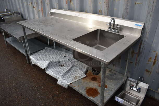 Stainless Steel Single Bay Sink w/ Faucet, Handles, Under Shelf and Back Splash. 72x31x43. Bay 16x20x10