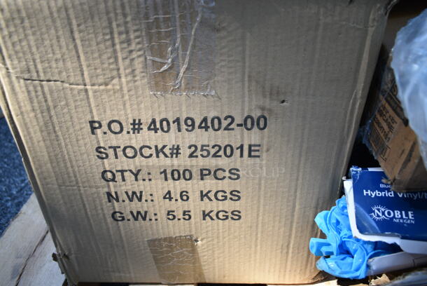 PALLET LOT of 20 BRAND NEW Boxes Including Dart 205HT1 White Foam Take Out Container with Perforated Hinged Lid 9" x 6" x 3", 130WHSPOONH Choice White Heavy Weight Plastic Teaspoon - 1000/Case, 50010C Choice 10 oz. Coffee Print Poly Paper Hot Cup - 1000/Case, Dart 20JL 20. Translucent Vented Lid - 1000/Case, 127P2C Choice Clear Plastic Souffle Cup / Portion Cup - 2 oz. - 2500/Case, 74555-0150 Solut 15" Take and Bake Coated Paperboard Black Oven Safe Pizza Tray - 150/Case, 394385S Noble Products White Powder-Free Disposable Latex Gloves for Foodservice - Small - 1000/Case, Carlisle 40008C14 Sparta 30" Blue Multi-Purpose Cleaning Brush - 5" Bristle Diameter, 3755GL444 GET GL-444 Curator 4" x 4" Square 26 oz. Clear Glass Storage Jar, 433NHT101 Choice 1/6 Standard Size White "Thank You" Standard-Duty Plastic T-Shirt Bag - 700/Case. 20 Times Your Bid!  - Image 12 of 12