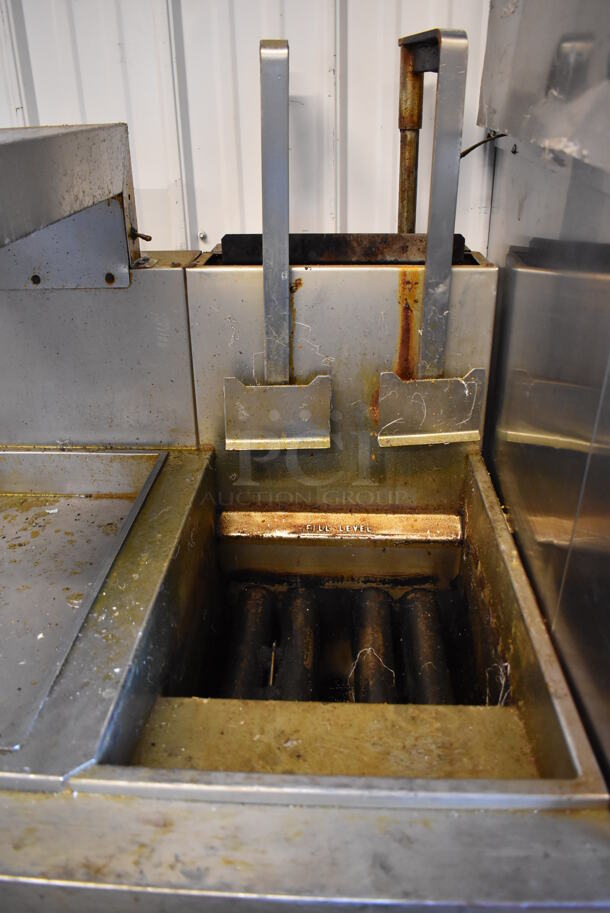 Vulcan 30RD45 Stainless Steel Commercial Floor Style Natural Gas Powered 2 Bay Deep Fat Fryer w/ Center Dumping Station on Commercial Casters. Missing Caster. 240,000 BTU. 47x35x58 - Image 5 of 12