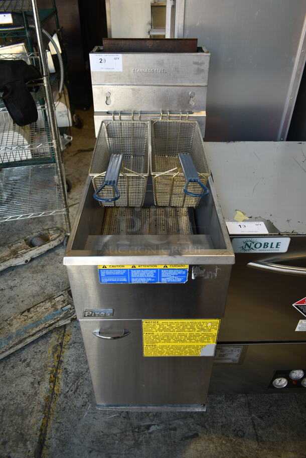 2015 Pitco Frialator 40D Stainless Steel Commercial Floor Style Natural Gas Powered Deep Fat Fryer w/ 2 Metal Fry Baskets. 115,000 BTU.