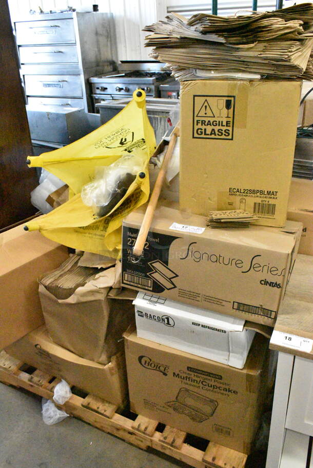 PALLET LOT of 20 BRAND NEW Boxes Including ECAL22SBPBLMAT Airpot with Lever Glass Lined, Choice 433NHT105 1/5 Large Size White "Thank You" Script Medium-Duty Plastic T-Shirt Bag - 500/Case, Choice 43302CUPC 2-Compartment Clear OPS Plastic Cupcake / Muffin Container, Brown Paper Bags, Choice 167CBR21NLHN Hair Nets, Wet Floor Pop Up Signs, Choice #16 Disher, DW 15430 Loaf Pans, Metal Baskets, Chef Master Grill Brush, LK Packaging BOR5280 Bun Pan Covers w/ Twist Ties - 80" x 52", Poly, Choice 12212105BX 12" x 10 3/4" Food Service Interfolded Pop-Up Foil Sheets - 500/Box. 20 Times Your Bid!  - Image 1 of 12