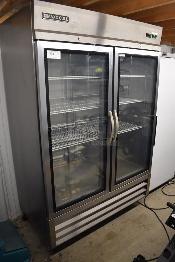 Maxx Cold MXCR-49GD Stainless Steel Commercial 2 Door Reach In Cooler Merchandiser w/ Poly Coated Racks on Commercial Casters. 115 Volts, 1 Phase. 54x32x83. Tested and Working!