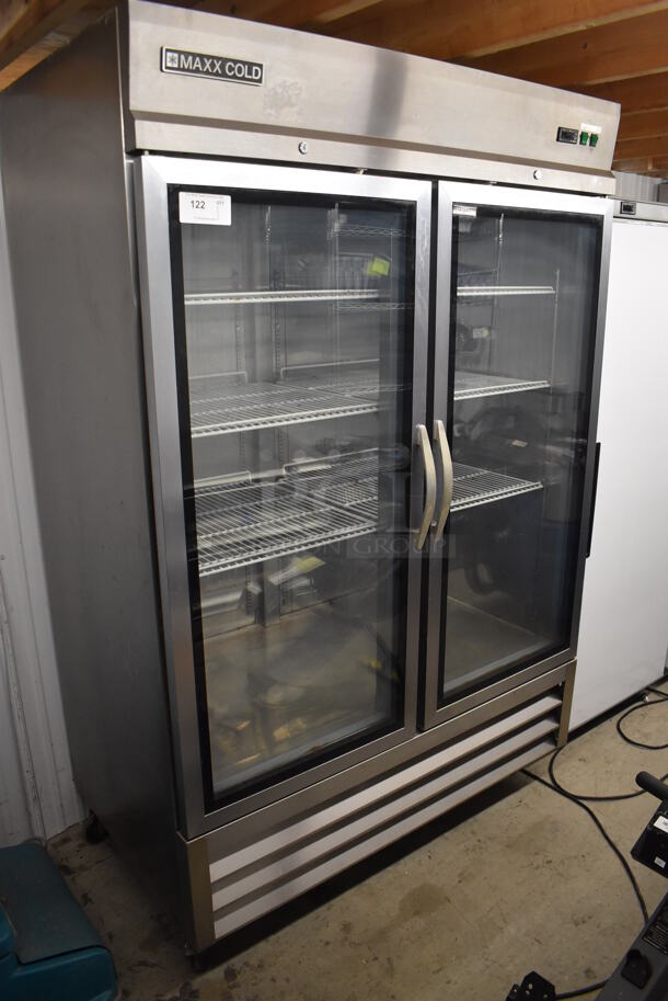 Maxx Cold MXCR-49GD Stainless Steel Commercial 2 Door Reach In Cooler Merchandiser w/ Poly Coated Racks on Commercial Casters. 115 Volts, 1 Phase. 54x32x83. Tested and Working! - Image 1 of 6