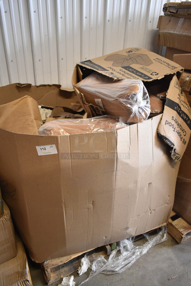 PALLET LOT of 13 BRAND NEW Boxes Including 15003543 Carnival King 3 7/8" x 2 1/2" x 11 5/8" Pint Size Unprinted Foil Bag - 500/Case, 795PTOKFT8 Choice Kraft Microwavable Folded Paper #8 Take-Out Container 6" x 4 5/8" x 2 1/2" - 300/Case. 13 Times Your Bid!  - Image 1 of 4