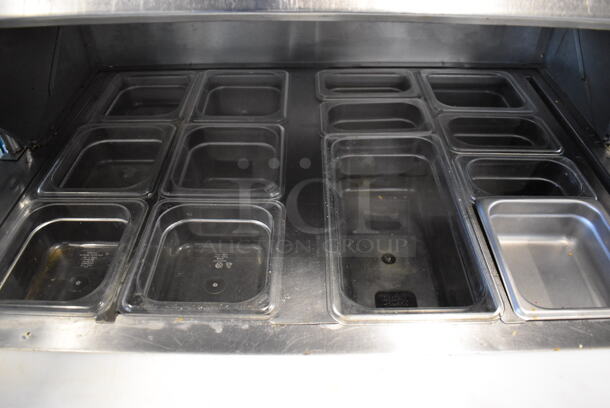 Leader Stainless Steel Commercial Sandwich Salad Prep Table Bain Marie Mega Top w/ 2 Tier Over Shelf and Various Drop In Bins. 115 Volts, 1 Phase. 36x35x70. Tested and Powers On But Does Not Get Cold - Image 6 of 9