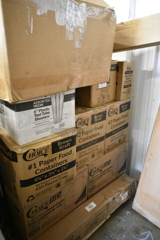 PALLET LOT of 30 BRAND NEW Boxes Including 3 Box 795PTOKFT1 Choice 4 5/8" x 3 1/2" x 2 1/2" Kraft Microwavable Folded Paper #1 Take-Out Container - 450/Case, 2 Choice Deli Container Lids, 280SHOOTNEON Choice 5 5/8" Neon Plastic Test Tube Shot / Shooter with Assorted Colors - 1000/Case, 164UMBAL06TC Umbrella, 612527PCO Choice 7" Round Standard Weight Foil Take-Out Pan with Dome Lid - 200/Case, Strawberry Street Dinner Set, 164IMBSS75CM Umbrella. 30 Times Your Bid! 