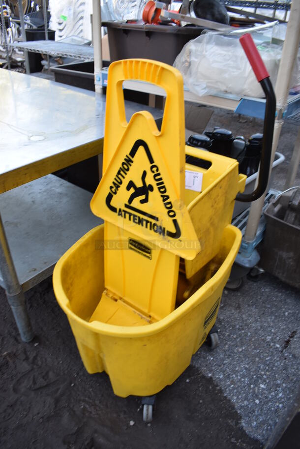 Rubbermaid Yellow Poly Mop Bucket w/ Wringing Attachment and Wet Floor Caution Sign on Commercial Casters. 15x24x36 - Image 3 of 4
