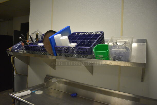 Stainless Steel Commercial Wall Mount Shelf w/ Contents Including Dish Caddies, Utensils, Bucket and Cutting Boards. 84x22x21. BUYER MUST REMOVE. (kitchen) - Image 1 of 6