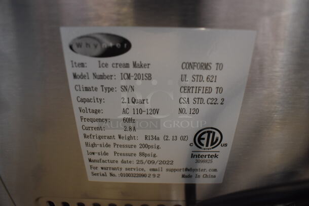 BRAND NEW SCRATCH AND DENT! Whynter ICM-201SB Stainless Steel Countertop Ice Cream Maker. 110-120 Volts, 1 Phase. Tested and Working! - Image 5 of 6