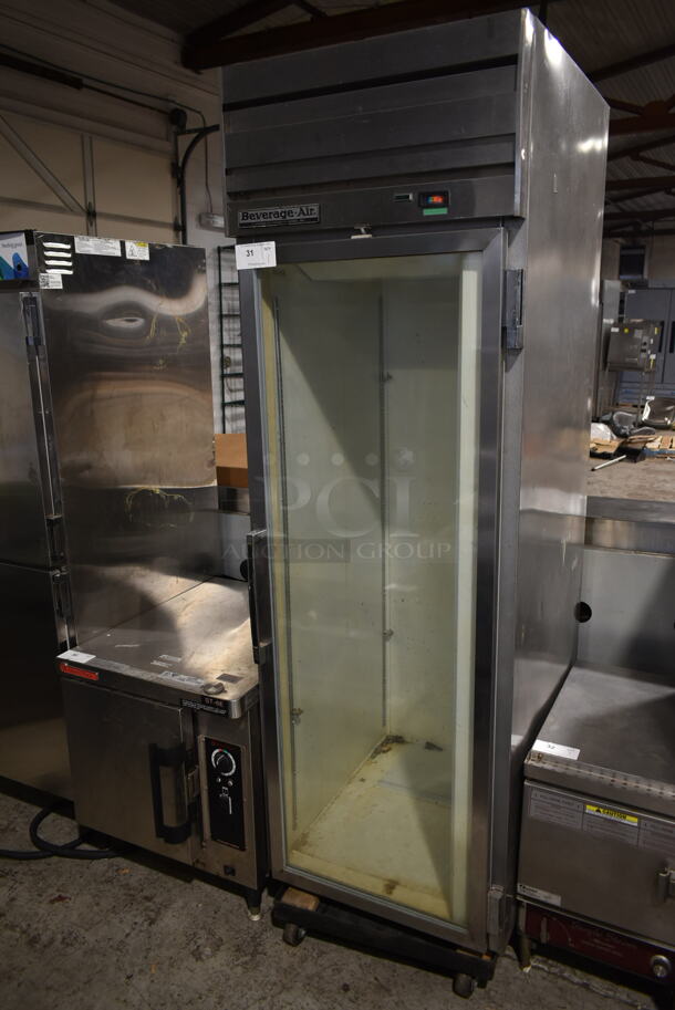 Beverage Air Stainless Steel Commercial Single Door Reach In Cooler Merchandiser on Commercial Casters. Tested and Powers On But Does Not Get Cold