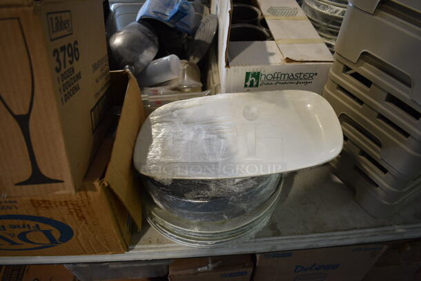 ALL ONE MONEY! Lot of Tabletop Full of Various Items Including Glasses, Dishes, Ice Scoopers and Poly Bins. Does Not Include Table. - Image 6 of 11
