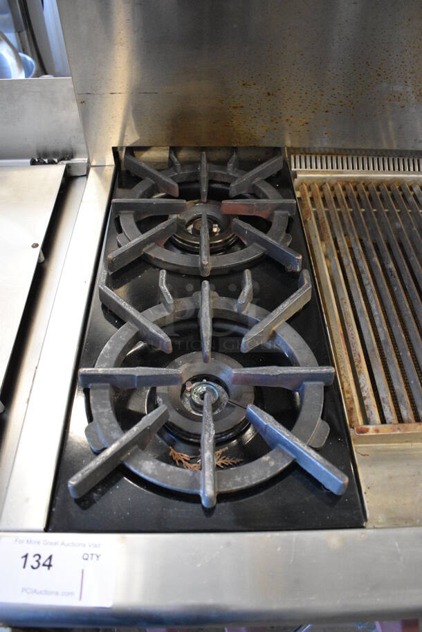 Wolf Stainless Steel Commercial Natural Gas Powered 4 Burner Range w/ Flat Top, Charbroiler, Convection Oven, Warmer, Over Shelf and Back Splash. 48x28x57 - Image 9 of 11