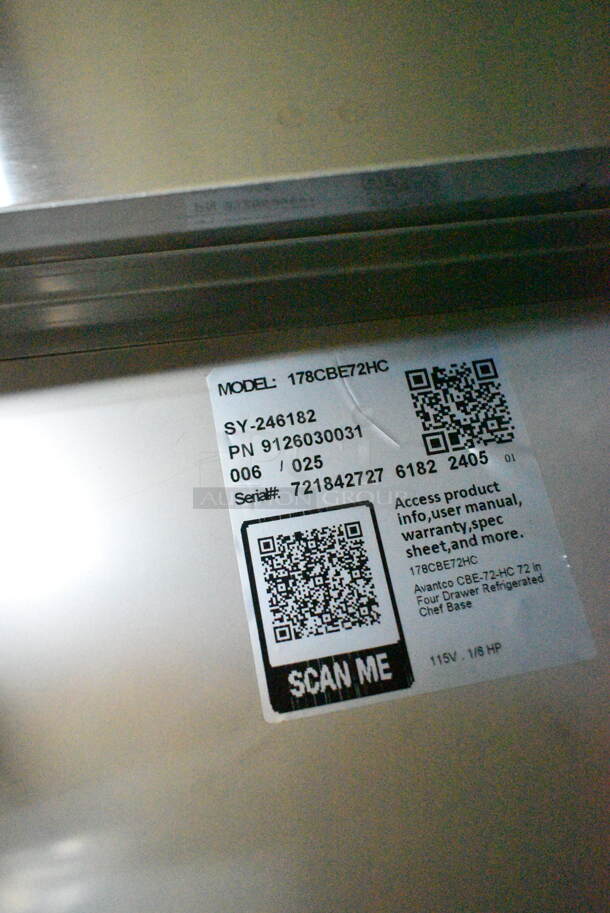 BRAND NEW SCRATCH AND DENT! 2024 Avantco 178CBE72HC Stainless Steel 72" 4 Drawer Refrigerated Chef Base. 115 Volts, 1 Phase. Tested and Powers On But Does Not Get Cold; Shows Error Code - Image 9 of 9