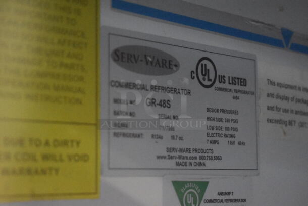 Serv-Ware GR-48S Metal Commercial 2 Door Reach In Cooler Merchandiser w/ Poly Coated Racks. 115 Volts, 1 Phase. 55x31x82. Cannot Test Due To Cut Power Cord - Image 6 of 6