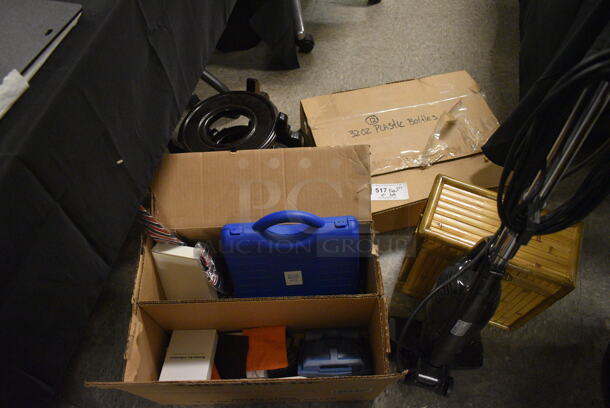 ALL ONE MONEY! Floor Lot of Various Items Including Bamboo Box, 32oz Plastic Bottles, BMR NeuroTech NT2000 Stimulator Unit, Wooden Display Stools, and Intertex Vacuum Cleaner - Image 1 of 12