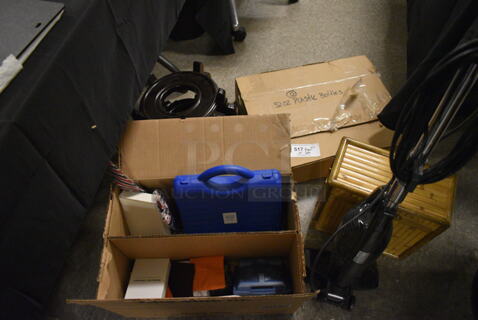 ALL ONE MONEY! Floor Lot of Various Items Including Bamboo Box, 32oz Plastic Bottles, BMR NeuroTech NT2000 Stimulator Unit, Wooden Display Stools, and Intertex Vacuum Cleaner