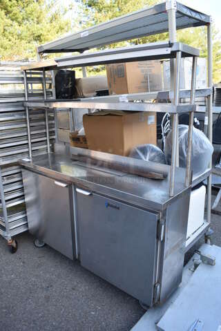 CustomCool Stainless Steel Commercial Table w/ 2 Doors, 2 Over Shelves and Order Holding Rod on Commercial Casters. 59x15x69