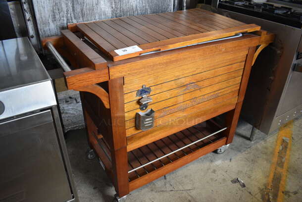 Tommy Bahama Wooden Portable Ice Bin w/ Bottle Opener on Commercial Casters. 47x23x36 - Image 6 of 8