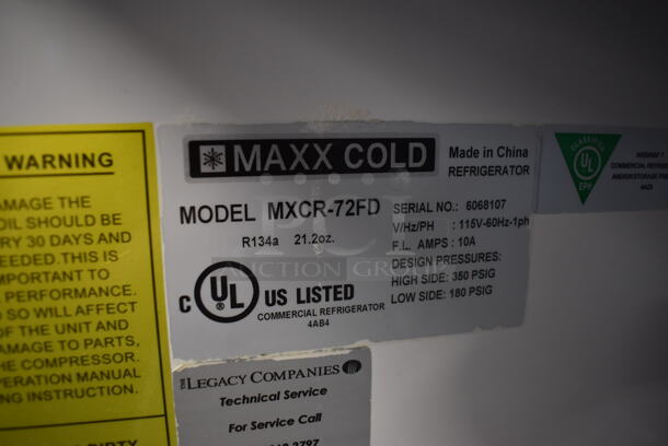 Maxx Cold MXCR-72FD Commercial Stainless Steel Three Solid Door Reach In Cooler With Polycoated Shelves. 115V, 1 Phase. Tested and Working! - Image 7 of 7