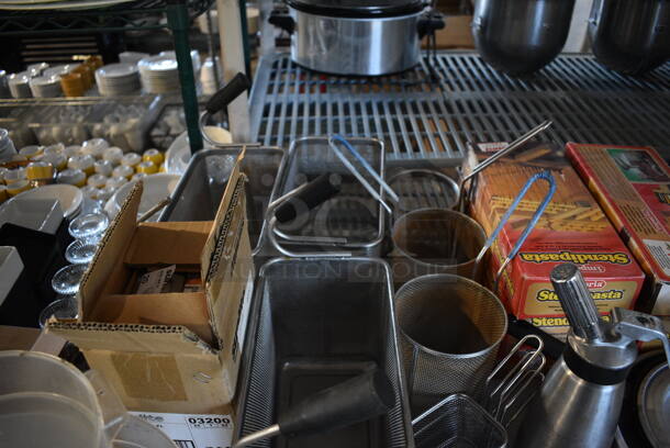 ALL ONE MONEY! Lot of Tabletop Lot of Various Items Including Dishes, Trash Can, Poly Bins, Metal Baking Pans and Metal Baskets. Does Not Include Table. - Image 6 of 10