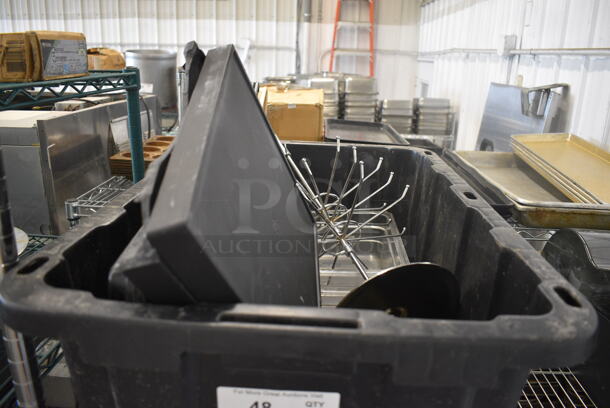 ALL ONE MONEY! Lot of Various Items Including Poly Trays, Metal Rack and Poly Bins in Black Poly Bin!