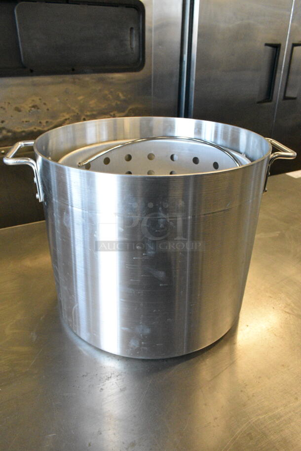 BRAND NEW SCRATCH AND DENT! Choice 471SP32QT Choice 32 Qt. Standard Weight Aluminum Stock Pot w/ Steamer Insert. - Image 1 of 5
