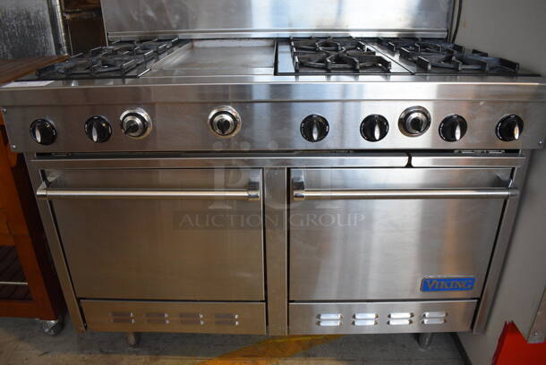 Viking Stainless Steel Commercial Natural Gas Powered 6 Burner Range w/ Center Flat Top Griddle, 2 Ovens and Backsplash. 48x30x50 - Image 8 of 8