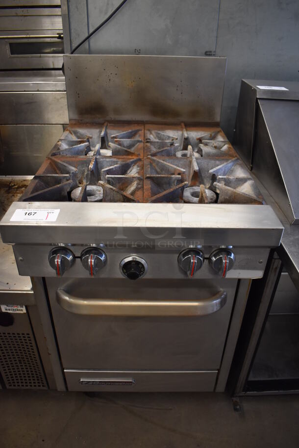 Southbend S24E Stainless Steel Commercial Natural Gas Powered 4 Burner Range w/ Oven and Back Splash on Commercial Casters. 24.5x34x47 - Image 1 of 6