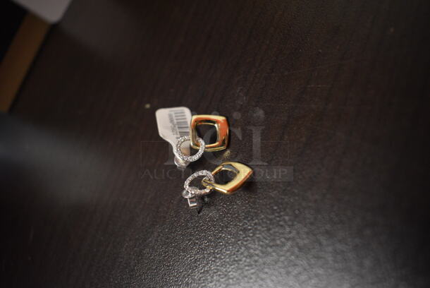 BRAND NEW! Ladies Two-Tone 14K Yellow & White Gold Two Tone Square Drop Pave Earring Pair  - Image 3 of 4