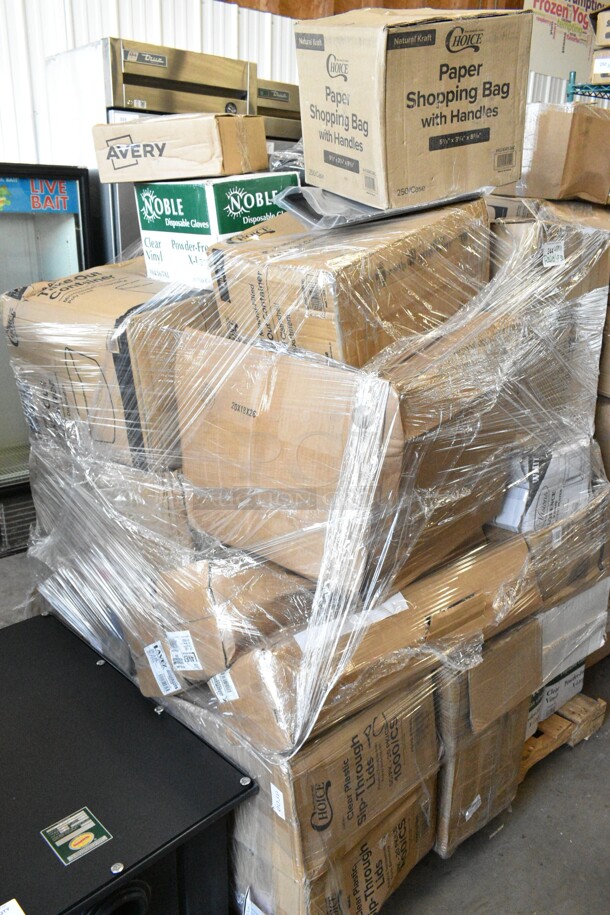 30 BRAND NEW! Boxes Including 433BR538C Choice 5 1/2" x 3 1/4" x 8 3/8" Natural Kraft Paper Customizable Shopping Bag with Handles - 250/Case, 24518PIZCIR 18" White Corrugated Pizza Circle - 125/Case, 55410X20ROLL Backyard Pro Courtyard Series Black 10' x 20' Canopy Roller Bag, 2 Box 394365XL Noble Products Powder-Free Disposable Clear Vinyl Gloves for Foodservice - Extra Large - 1000/Case, 2 Box 500LSTRWL Choice 9, 12, 16, 20, and 24 oz. Clear Strawless / Sip Lid - 1000/Case, 347TCL7 Choice 7-8 oz. Clear Disposable Plastic Tumbler - 500/Case, 1502502 5 3/4" x 3 1/2" x 1 3/8" Glued End White Paper Hot Dog Tray - 2000/Case, 795KFT44RNPE Choice 44 oz. Round Kraft PE-Lined Microwavable Take-Out Container 7 5/16" x 2 5/8" - 300/Case, 394385M Noble Products White Powder-Free Disposable Latex Gloves for Foodservice - Medium - 1000/Case, 500TO993C3 Choice 9" x 9" x 3" Microwaveable 3-Compartment Black / Clear Plastic Hinged Container - 100/Case, 4 Box 500CFT Lavex C Fold Towels, 176RNDCL22 Choice 22 Qt. Clear Round Polycarbonate Food Storage Container, 48AARRWOK American Range ARR-WOK Cast Iron Wok Adapator. 30 Times Your Bid!   - Image 1 of 12