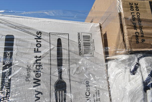 PALLET LOT of 27 BRAND NEW Boxes Including 612613245HD Choice Half Size Heavy-Duty Foil Steam Pan Deep 2 9/16" Depth - 100/Case, 130WSPOON Choice Medium Weight White Plastic Teaspoon - 1000/Case, 500CC32LEM Carnival King 32 oz. PET Lemonade Cup - 500/Case, 128HD8COMBO Choice Heavy Duty 8 oz. Microwavable Translucent Plastic Deli Container and Lid Combo Pack - 240/Case, 130WBKFORKH Choice Black Heavy Weight Wrapped Plastic Fork - 1000/Case, 130BKFKSNSPH Choice Black Heavy Weight Wrapped Plastic Cutlery Pack with Napkin and Salt and Pepper Packets - 500/Case, 500TW7 Choice 8" Clear Round Plastic Dome Lid - 500/Case, 2 Box 129MCS242CB Choice 30 oz. Black 8 3/4" x 6" x 2 3/4" 2-Compartment Rectangular Microwavable Heavy Weight Container with Lid - 150/Case, 2 Box Genpak 26600 13" x 4 1/2" x 3" White Extra Large Hinged Lid Foam Hoagie / Sub Container - 200/Case, 127SB24COMBO Choice 24 oz. Clear Plastic Salad Bowl with Lid - 150/Case, 2 Box RWP0022C300 Square Kova Cups, 127DM12BULK Choice 12 oz. Ultra Clear PET Plastic Round Deli Container - 500/Case, 612P558 Choice 8" Clear Round Plastic Dome Lid - 500/Case. 27 Times Your Bid!  - Image 8 of 12