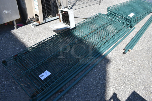 ALL ONE MONEY! Lot of 3 Green Finish Shelves and 4 Poles! 60x18x1.5, 74