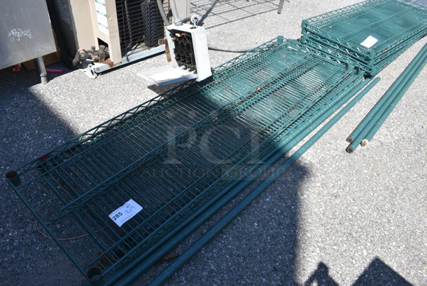 ALL ONE MONEY! Lot of 3 Green Finish Shelves and 4 Poles! 60x18x1.5, 74" - Image 1 of 3