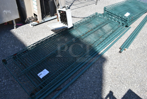ALL ONE MONEY! Lot of 3 Green Finish Shelves and 4 Poles! 60x18x1.5, 74"