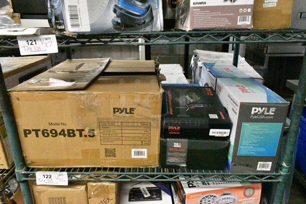 6 Various Items Including Pyle PT694BT.5 5.2-Channel Hi-Fi Bluetooth Stereo Amplifier 1000 Watt AV Home Speaker Subwoofer Sound Receiver w/Radio, Pyle PKSCRD308 Compact Pro Live Broadcast Sound Card, Pyle PDWR30B Outdoor Waterproof Speaker System, 2 Pyle PHCD59 CD Player Boombox. 6 Times Your Bid!  - Image 1 of 7