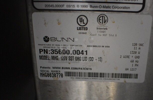 2017 Bunn Model MHG Stainless Steel Commercial Countertop Coffee Machine w/ 2 Hoppers. 120 Volts, 1 Phase. 9x17x29. Tested and Working! - Image 5 of 5