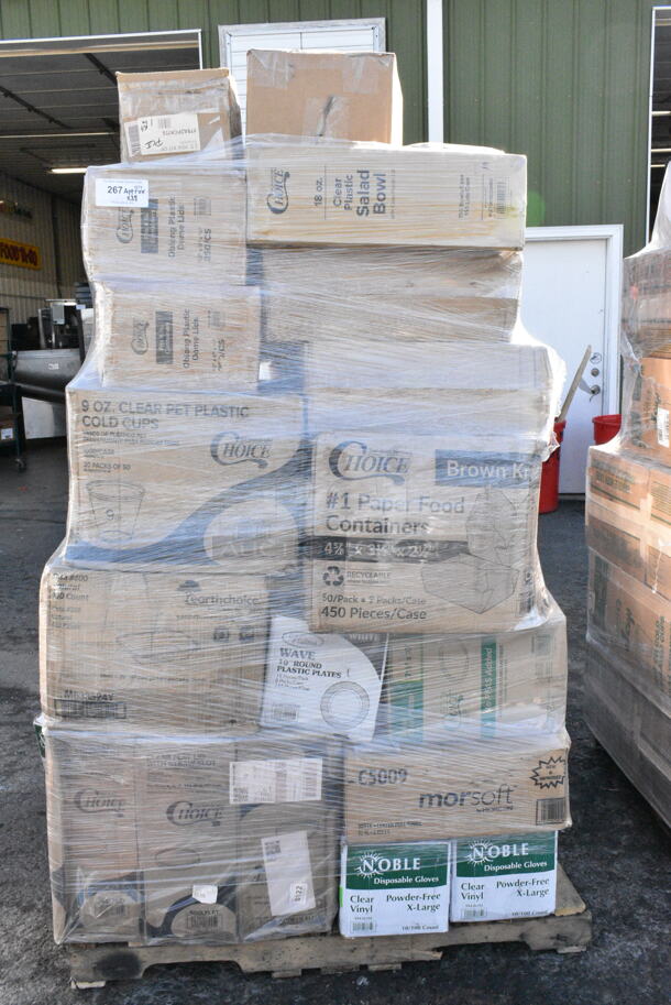 38 BRAND NEW Boxes Including Avantco 178A2PCKIT6 2 3/4" ADA Height Swivel Plate Casters with Mounting Hardware - 6/Set, 612POB4LB Choice Oblong Clear Plastic Dome Lid for 4 lb. Foil Take-Out Container - 250/Case, 127SB18COMBO Choice 18 oz. Clear Plastic Salad Bowl with Lid - 150/Case, 612POB4LB Choice 18 oz. Clear Plastic Salad Bowl with Lid - 150/Case, 500CC9 Choice 9 oz. Clear PET Customizable Plastic Squat Cold Cup - 1000/Case, 500LFLAT Choice Clear Flat Lid with Straw Slot - 9, 12, 16, 20, and 24 oz. - 1000/Case, 5 Box 394365XL Noble Products Powder-Free Disposable Clear Vinyl Gloves for Foodservice - Extra Large - 1000/Case, Tuxton BWQ-034 3 1/2" White China Sugar Packet Holder / Caddy - 12/Case, Tuxton ALA-104 Alaska 10 1/2" Bright White Wide Rim Rolled Edge China Plate - 12/Case, 129MCR38B Choice 38 oz. Black Round Microwavable Heavy Weight Container with Lid - 150/Case, 612LOB225LB Choice Oblong Foil-Laminated Board Lid for 2.25 lb. &amp; 1.5 lb. Shallow Foil Take-Out Container - 500/Case. 38 Times Your Bid!  - Image 1 of 12